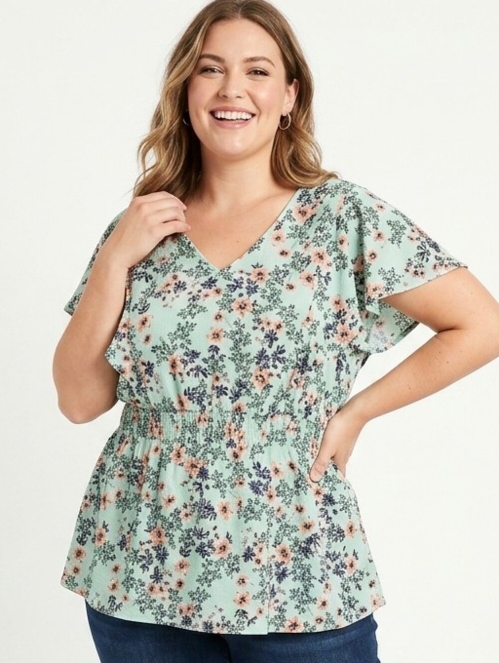 Torrid Plus Size Mint Floral V-Neck Short Sleeve Tunic with Peach Accents